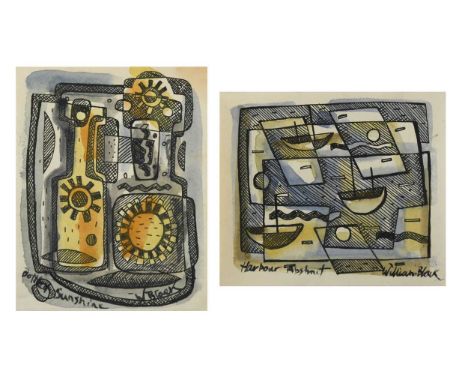 William Black (20th century) A group of four works, to include two abstract studies, a harbour abstract, and a bottle still l