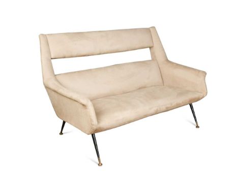 Carlo de Carli (1910-1999), an Italian two-seat sofa, reupholstered in ecru suede leather, raised on four tapering black legs