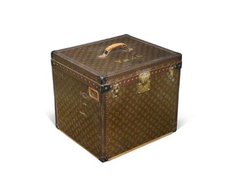 A Louis Vuitton lady's hat box or square steamer trunk, circa 1940s,  the leather-bound monogrammed body with lift-out ribbon