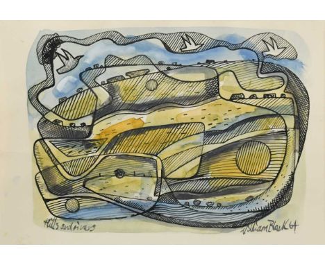 William Black (20th century) Hills and Riverssigned and dated 'William Black 64' (lower right)ink and watercolour, unframed15