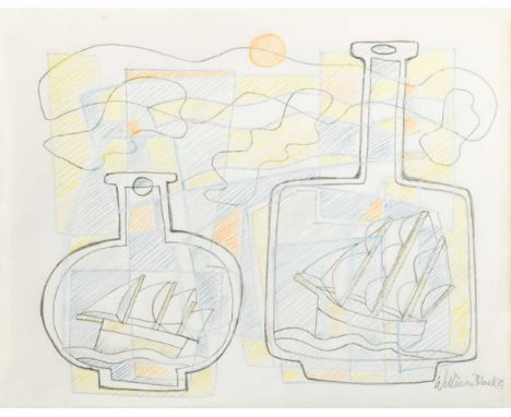 William Black (20th century) A group of three unframed drawings to include a seascape, flowers and birds, and ships in a bott