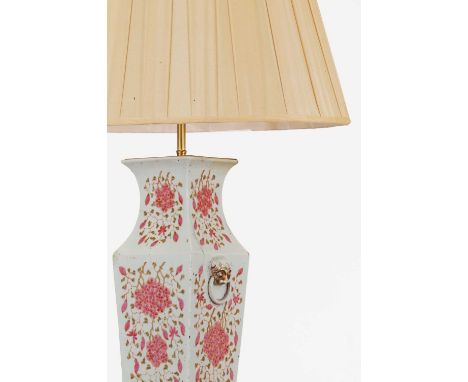 A porcelain vase lamp,Qing dynasty (1644-1911), of square shape with mask handles, painted in pink enamel with blossoms, with