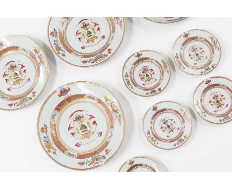 Ten export famille rose porcelain armorial plates,Qing dynasty (1644-1911), Kangxi/Yongzheng period c.1722-1730, Chinese for 