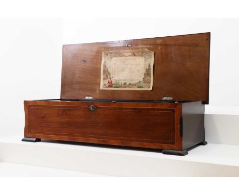 A rosewood and kingwood musical box,19th century, Swiss, playing twelve airs, with zither attachment, tune indicator and Pica