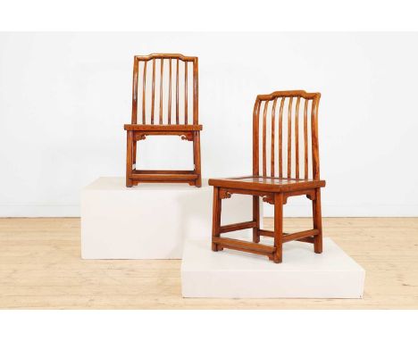 A pair of northern elm low chairs,late Qing dynasty (1644-1911), Chinese, Fujian Province, each with a stick back, square sea