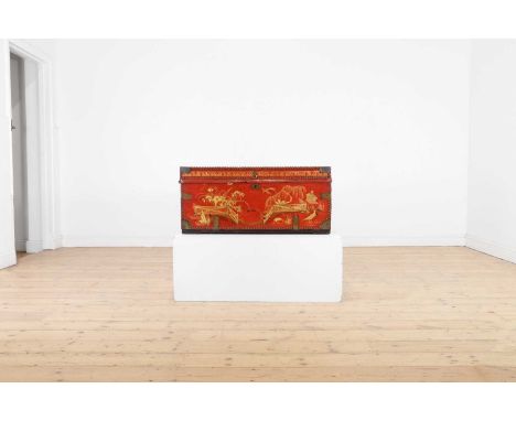 An export painted leather and camphor trunk,late 18th/early 19th century, Chinese, Canton, with studded detail and gilt decor