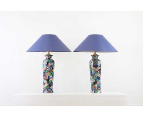 A pair of porcelain table lamps,20th century, with printed decoration of various specimens including malachite, each with a b