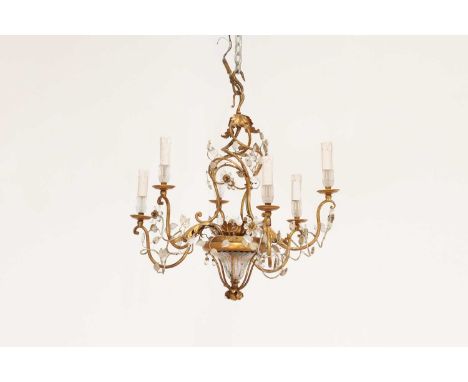 A gilt-metal and glass electrolier,20th century, French or Italian, in the style of Maison Baguès, issuing six scrolling and 