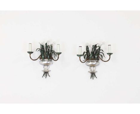 A pair of glass and metal wall lights,20th century, French or Italian, in the style of Maison Baguès, each with twin sconces 