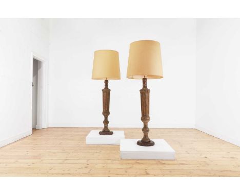 A pair of painted wooden pilaster floor lamps,probably 18th or 19th century and later, Continental, each of fluted column for