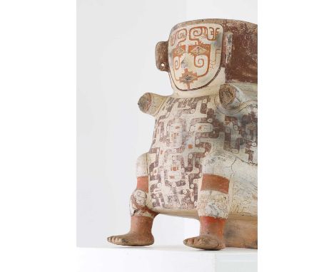 An Omagua figural pottery funerary vessel,16th-18th century, Napo River, Amazon Basin, Ecuador, decorated with black geometri