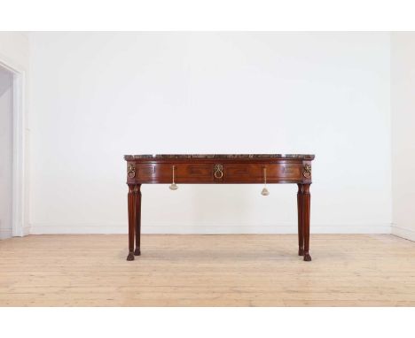 A Regency-style mahogany console table,of recent manufacture, with a stone top above two moulded drawers between a pair of br