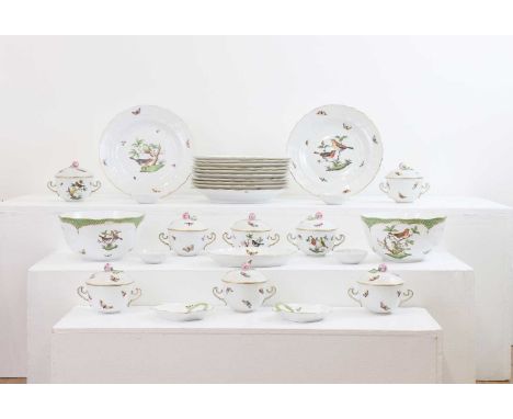 A Herend porcelain 'Rothschild Bird' dinner service,20th century, Hungarian, comprising eighty-two pieces, each with painted 