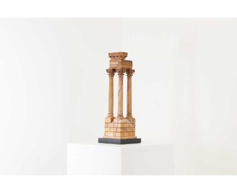 A grand tour giallo antico marble souvenir,19th century, Italian, of the Temple of Vespasian and Titus, on a black marble bas