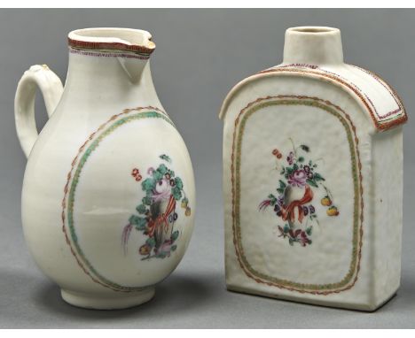 A Chinese export porcelain tea caddy and milk jug, c1780, enamelled with flowers tied by a red bow in green and red frame, ju