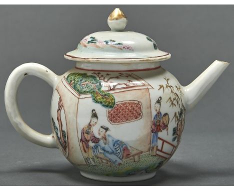 A Chinese famille rose globular teapot and cover, Qing dynasty, Qianlong period, the teapot enamelled to either side with a c
