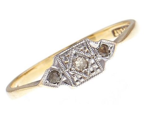 A three stone diamond ring, in gold marked 18ct &amp; PLAT, 1.6g, size K  Good condition