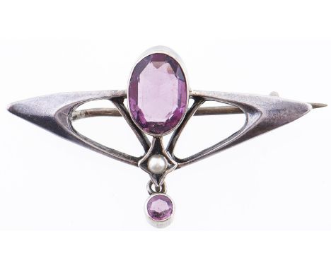 A German jugendstil amethyst, split pearl and silver openwork brooch, probably Pforzheim, c1905, marked STERLING  