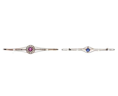 A ruby, diamond and cultured pearl bar brooch and a sapphire and cultured pearl bar brooch, both c1920, in gold, 60 and 64mm 