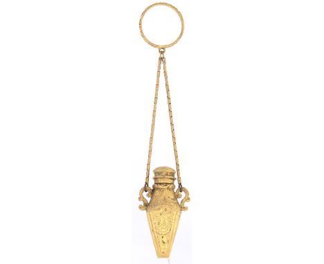 A Victorian giltmetal scent bottle, mid 19th c, of tapered form with s-scroll handles and engraved with foliage, suspended fr