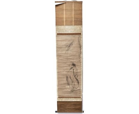 A Chinese scroll painted with a standing sage, his gaze upwards, signed, watercolour on grey paper, 100 x 36cm, mounted  Crea