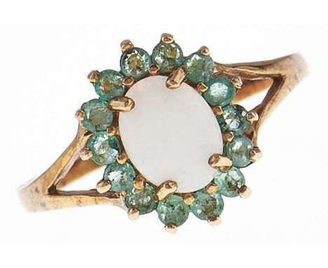 An opal and emerald cluster ring and a similar pendant, both in 9ct gold and a gold necklet, 4.3g, ring size Q (3)  Good cond