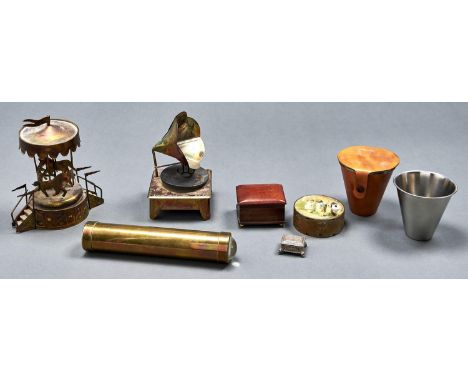 A Swiss toy musical box, the top inset transfer print of two infants with winding aperture and brass and ceramic winder, the 