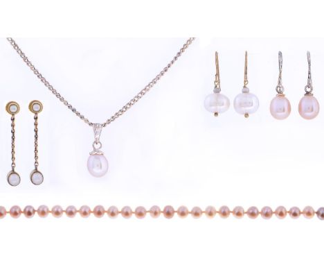 Two pairs of cultured pearl earrings,&nbsp; a necklace and necklet, various sizes  Good condition