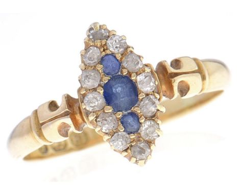 A Victorian sapphire and diamond marquise cluster ring, in 18ct gold, Birmingham 1892, 3.7g, size Q½  Good condition