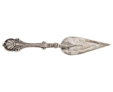 An Edwardian silver trowel shaped bookmark, with embossed handle, 13cm l, by Crisford &amp; Norris, Birmingham 1907  Good con