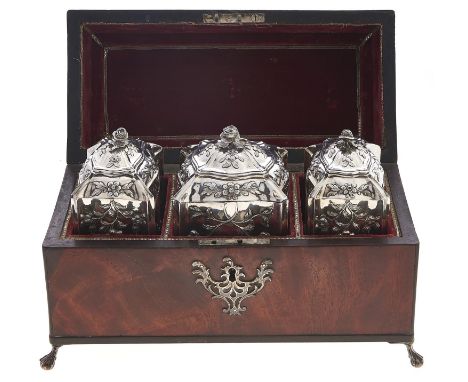 A set of George III silver tea caddies and covers, including a sugar box, of typical serpentine square or oblong form and cri