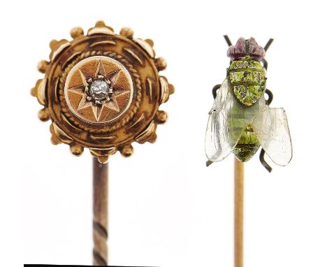 A Victorian gold stick pin, c1890, the terminal gypsy set with a diamond, terminal 11mm, marked 15ct, 1.7g and another stick 