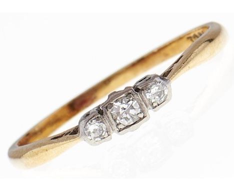 A three stone diamond ring, in gold marked 18ct, 2g, size O  Good condition