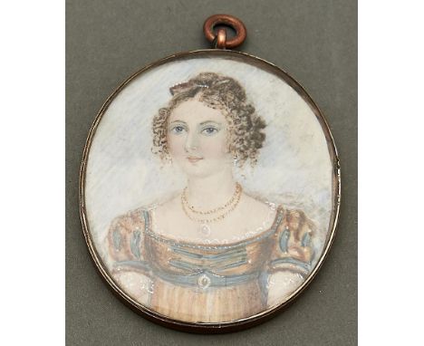 English School - Portrait Miniature of a Lady, bust length in a green and light brown dress and jewellery, wearing her hair i