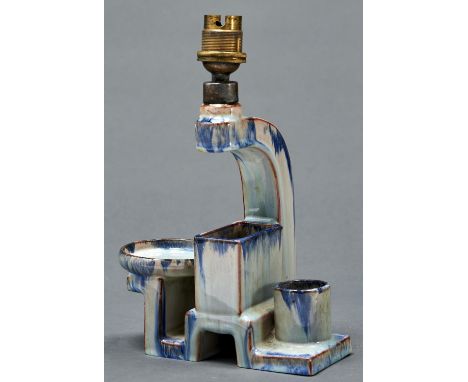 A German or Austrian glazed terracotta table lamp incorporating cigarette and match stands and an ashtray, c1920, 16.5cm h ex