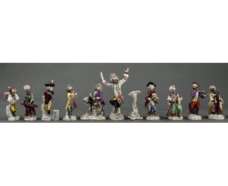 A Samson monkey band, 20th c, after the Meissen models,&nbsp;conductor 20cm h (11)  Flautist lacking flute, harpist - harp br