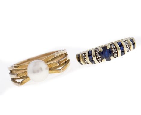 A sapphire and diamond ring, in 14ct gold, convention mark, size L and cultured pearl ring, in gold marked 14k, size L, 7.2g 