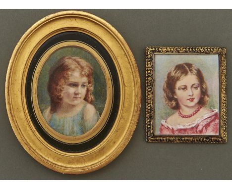 English School, 20th c - Portrait Miniature of a Girl, in a pink dress and coral necklace, ivory, 65 x 52mm, giltmetal frame 