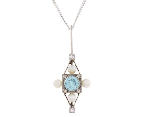 An aquamarine, diamond and cultured pearl pendant, millegrain set, in white gold, 34mm and an 18ct white gold necklet, 5.6g  