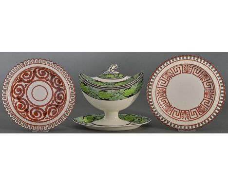 A Spode creamware sauce tureen and cover, early 19th c, pattern 1640 and two contemporary creamware arcaded plates, painted i