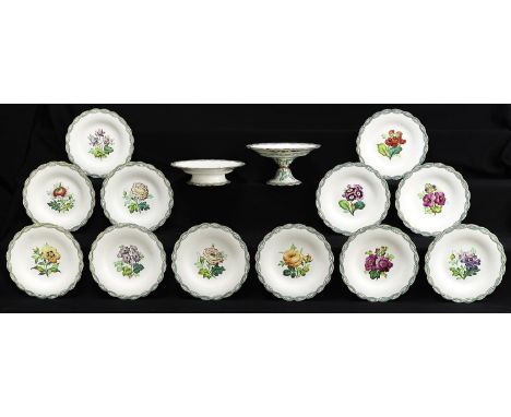 A Minton botanical dessert service, c1852, with lightly moulded turquoise ribbon border, the service including two stands, 23