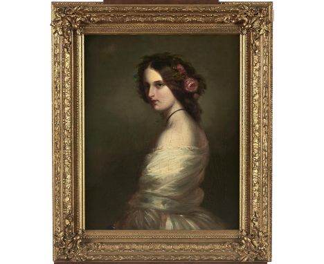 English School, 19th c - Portrait of a Young Woman, half length in a white dress wearing flowers in her hair, oil on canvas, 