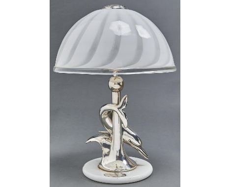 An Italian silver plated dolphin lamp by Ottadiani, the dolphin wrapped cylindrical column with wave base and ball finial, wi