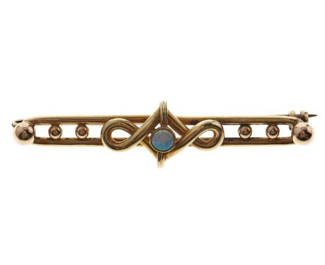 An opal bar brooch, early 20th c, marked 15ct, 3g  Good condition