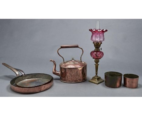 Kitchenalia. Two Victorian copper frying pans with iron handle, 26 and 31cm diam, the smaller stamped TEMPLE &amp; CROOK IRON