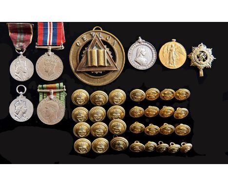 WWI, Victory Medal 17591 Pte H S Cook Manch R, Coronation Medal 1953; other medals and miscellaneous British Army brass butto