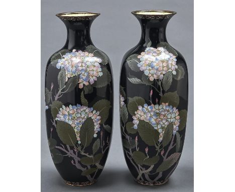 A pair of Japanese cloisonné enamel hexagonal vases, Meiji period, decorated with hydrangea, 37cm h  Rim of one vase dented; 