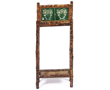 An Edwardian bamboo stick stand, inset pair of 6" green glazed wall tiles, metal drip tray, 86.5cm h  Complete, joints loose