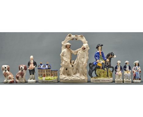 A Staffordshire earthenware portrait figure of JEMMY WOOD, mid 19th c, 19cm h, a pair of contemporary Staffordshire figures o