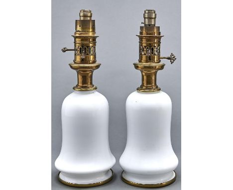 A pair of Victorian brass mounted opal glass oil lamps, Bright (late Argand &amp; Co) 37 Bruton St Patent Indicator Lamp, mid